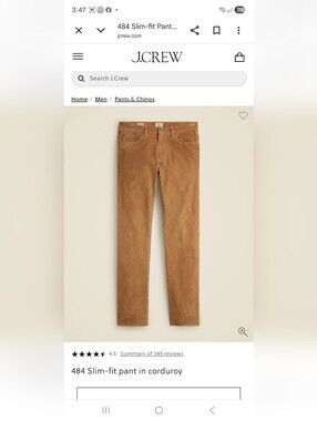 J Crew Corduroy 484 Slim Pants